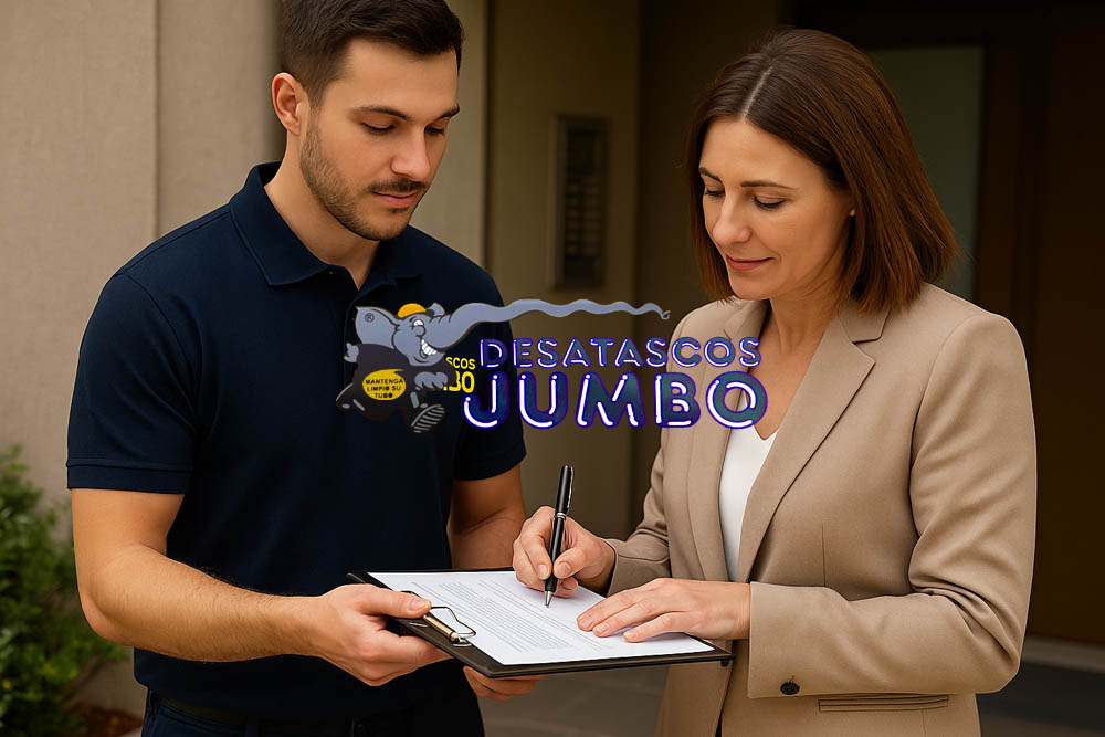 Técnico de Desatascos JUMBO y administradora de comunidad firmando un contrato de mantenimiento en la entrada de un edificio residencial en Las Palmas.