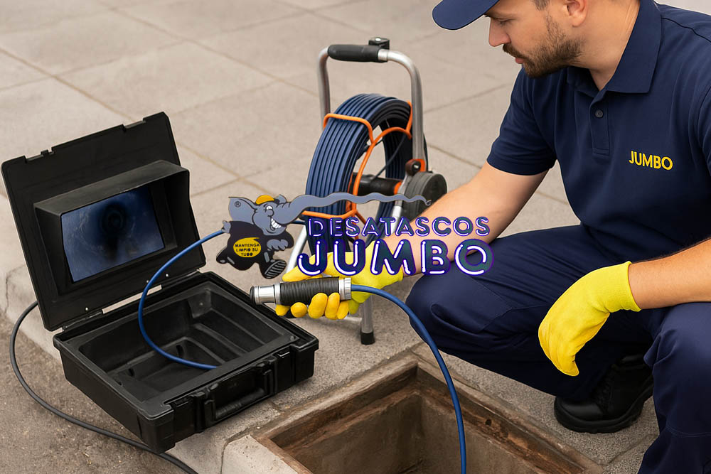 Técnico de Desatascos JUMBO realizando inspección de tuberías con cámara de TV y monitor portátil junto a una arqueta abierta en Las Palmas.