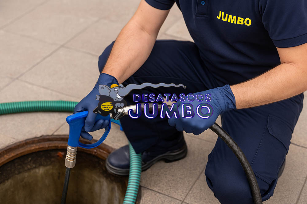 Técnico de Desatascos JUMBO realizando mantenimiento de alcantarillado con equipo de alta presión en Las Palmas.
