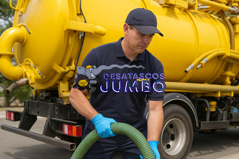 Técnico de Desatascos JUMBO conectando manguera de camión cuba amarillo para vaciar y limpiar fosa séptica en Las Palmas.