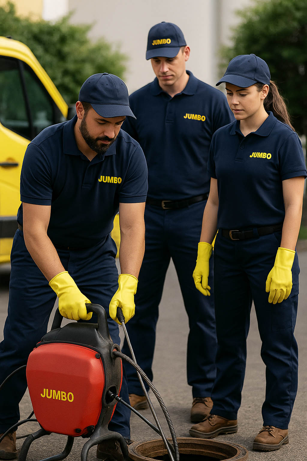 Equipo de tres técnicos de Desatascos JUMBO, dos hombres y una mujer, trabajando en la apertura de una alcantarilla con maquinaria de desatasco y guantes amarillos, junto a una furgoneta corporativa.