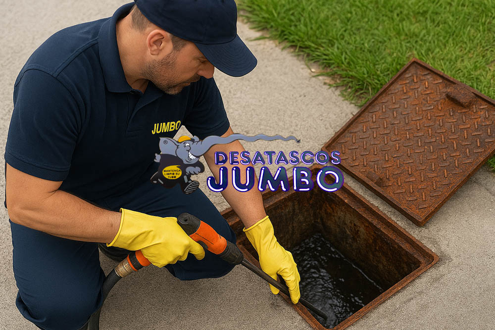 Técnico de Desatascos JUMBO limpiando una arqueta con herramienta de alta presión en una acera de Las Palmas.