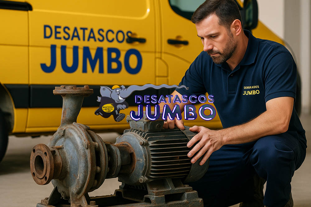 Técnico de Desatascos JUMBO reparando una bomba de agua industrial junto a una furgoneta amarilla corporativa en Las Palmas.